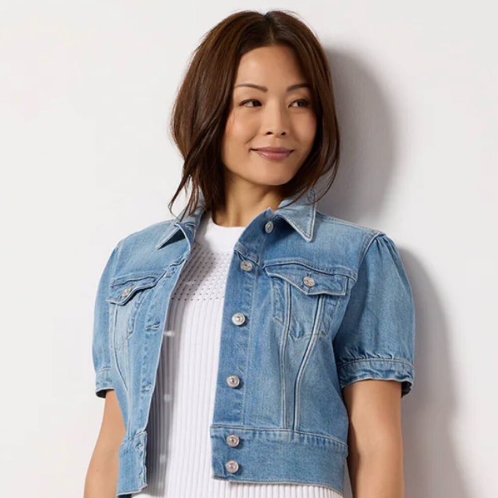 PAIGE Kendra Denim Jacket Lowen Puff Sleeve Cropped NWT Size Small